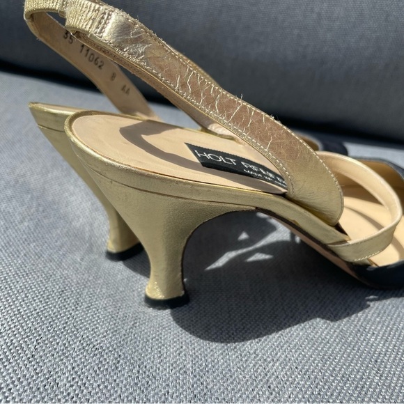 [8] Rare Vintage Holt Renfrew Black Canvas Closed Toed Kitten Heels Gold Straps - Picture 11 of 12